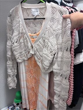 Pink Rose Ivory Openwork Cropped Knit Cardigan